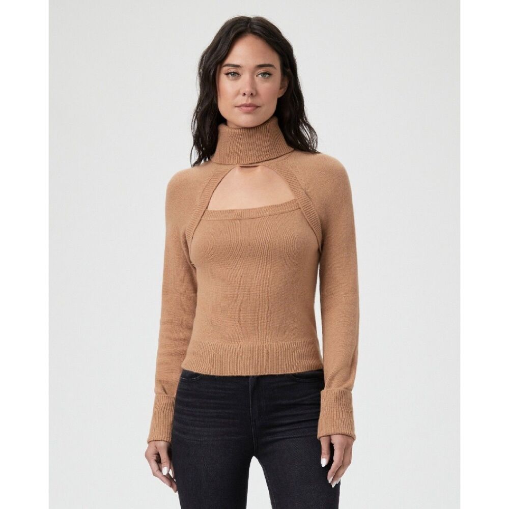 PAIGE Cherise Wool Blend Cutout Turtleneck Sweater Knit Toffee Size Medium NWT